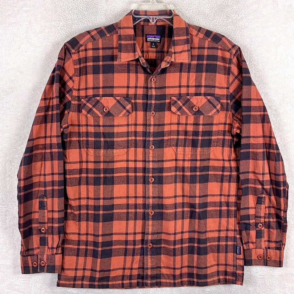Patagonia Shirt Mens M Orange Black Plaid Fjord Flannel Preppy Outdoors Hiking